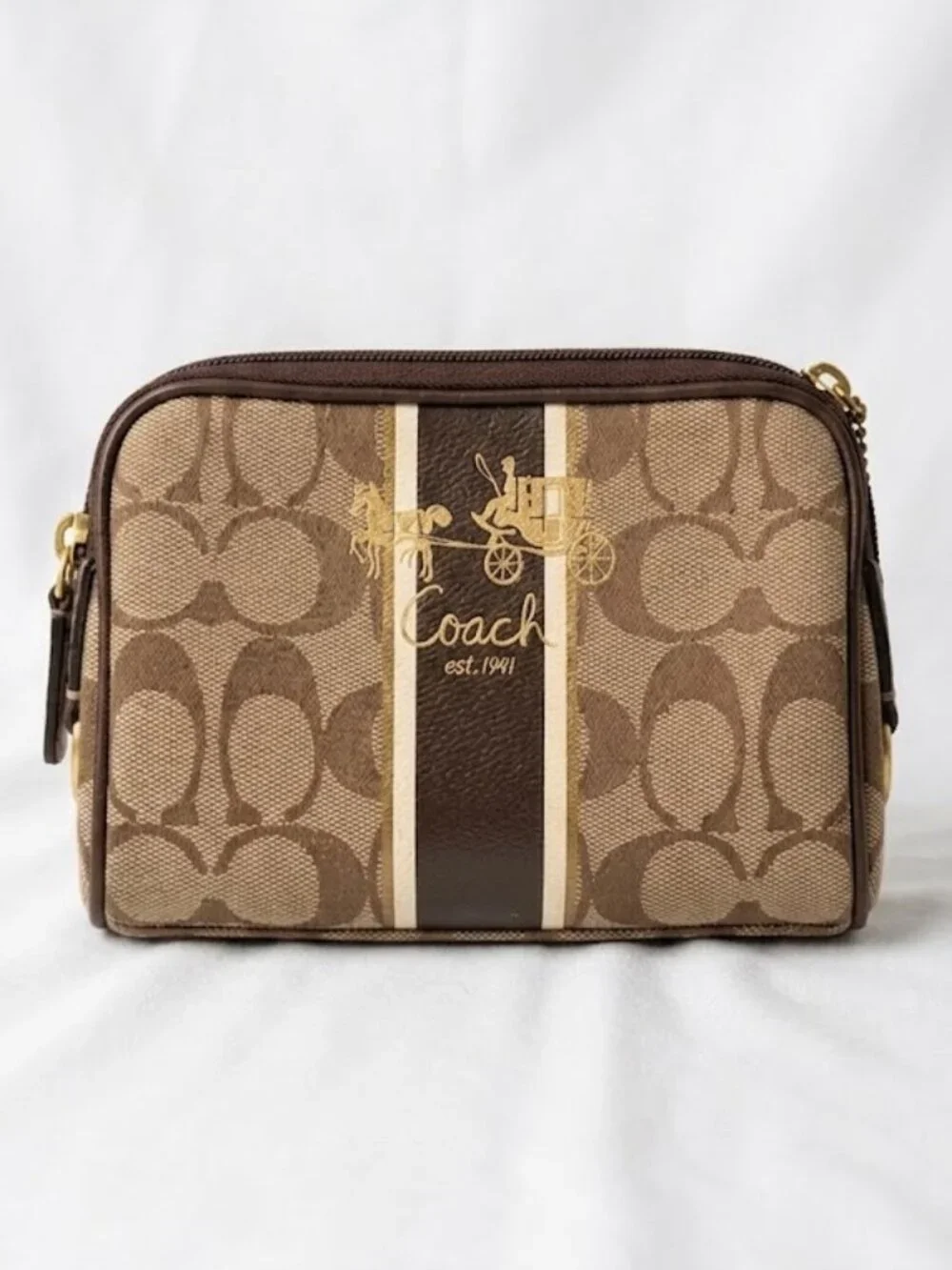 Coach Heritage Stripe Signature C Cosmetic Pouch Brown Cream 2008 Y2K NWOT